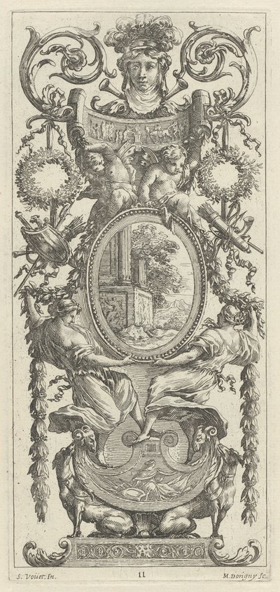 Ornamentaal Paneel Bekroond met een Hoofd Geflankeerd door Bladeren door Michel Dorigny, after Simon Vouet