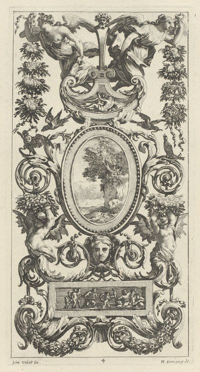 Ornamentpaneel met Pan en twee vrouwen met guirlandes door Michel Dorigny, after Simon Vouet