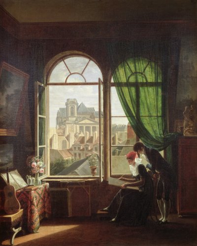 Uitzicht op de Saint-Eustache Kerk vanuit een Huis aan de Rue Platriere of, Het Interieur van de Kunstenaar, c.1810 door Michel Martin Drolling