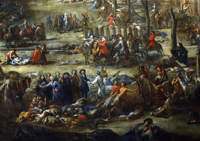 Uitzicht op de Cours Belsunce, Marseille, Tijdens de Pest van 1720, detail met de Kardinaal van Belsunce met een groep lijken van pestslachtoffers door Michel Serre