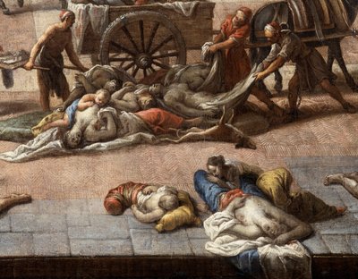 Zicht op het stadhuis (van Marseille) tijdens de pest van 1720 door Michel Serre