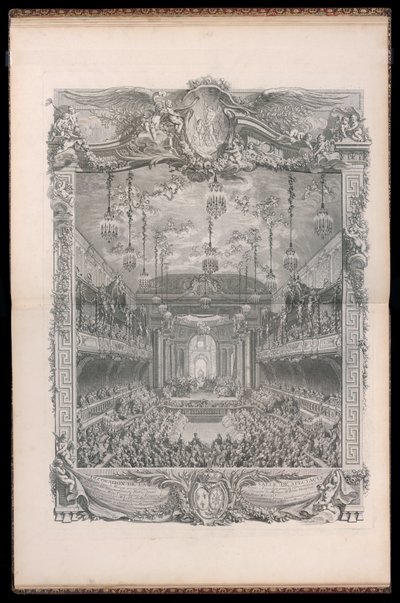 Decoratie van de theaterzaal, gebouwd in de overdekte manege van de grote stal in Versailles, voor de voorstelling van de Prinses van Navarra Comédie Ballet, gegeven ter gelegenheid van het huwelijk van Louis Dauphin van Frankrijk met Marie Thérèse Infante door Michel de Bonneval