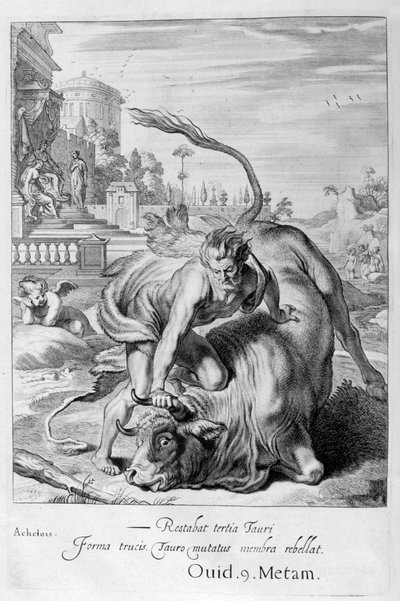 Achelous in de vorm van een stier wordt overwonnen door Hercules, 1655 door Michel de Marolles