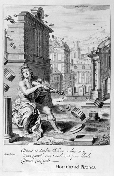 Amphion bouwt de muren van Thebe door de muziek van zijn viool, 1655 door Michel de Marolles