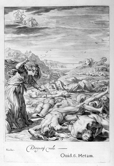 Apollo en Diana doden Niobes Kinderen met hun pijlen: zij wordt in steen veranderd, 1655 door Michel de Marolles