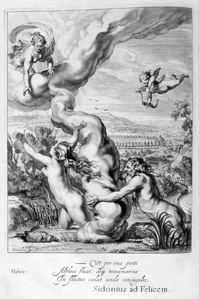Arethusa achtervolgd door Alpheus en veranderd in een fontein, 1655 door Michel de Marolles