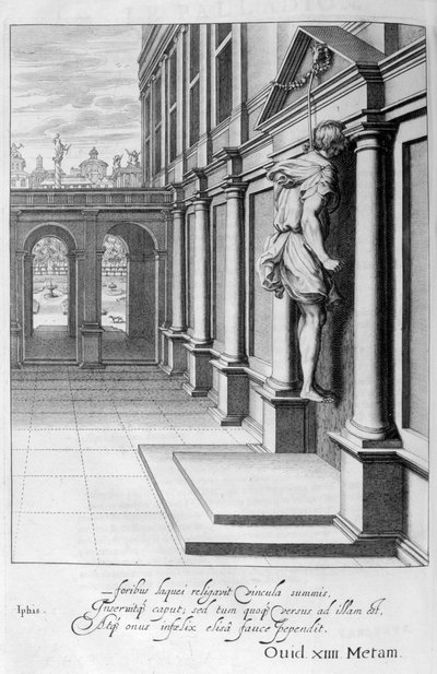 Iphis hangt zichzelf op in wanhoop dat hij Anaxarete niet kon winnen, 1655 door Michel de Marolles