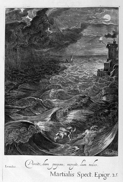 Leander zwemt over de Hellespont om zijn minnares Hero te ontmoeten, 1655 door Michel de Marolles