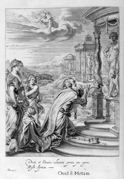 Oeneus, koning van Calydon, die Diana verwaarloosde bij een offer en gestraft wordt voor zijn goddeloosheid, 1655 door Michel de Marolles
