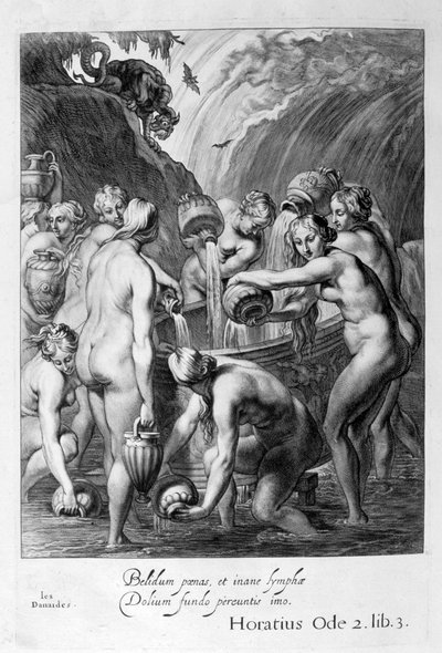 De Danaïden veroordeeld om doorboorde vaten met water te vullen, 1655 door Michel de Marolles