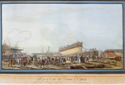 De tewaterlating van het schip Le Caton in de haven van Toulon in aanwezigheid van de Graaf van Provence in juli 1777 (gouache) door Michel de Toulon