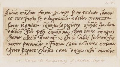 Een notitie in het handschrift van Michelangelo door Michelangelo (after) Buonarroti