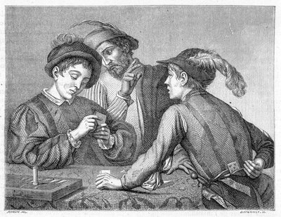 De valsspelers. 19e-eeuwse gravure die het werk van Caravaggio rond 1596 afbeeldt. door Michelangelo (after) Caravaggio