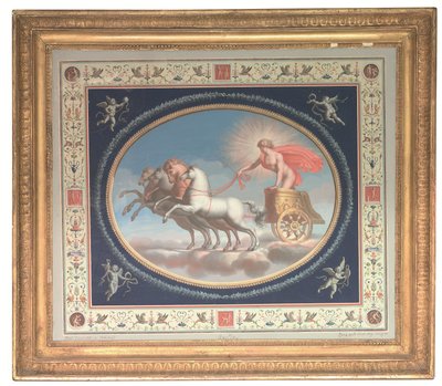 Eén uit een serie van vier decoratieve panelen met Apollo, Mars, Venus en Mercurius in strijdwagens, omringd door Pompejaanse grotesken (bodycolour over ets op papier) door Michelangelo (studio of) Maestri