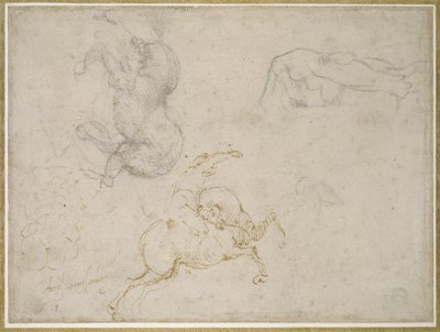 Een ruiter die aanvalt en andere studies door Michelangelo Buonarroti