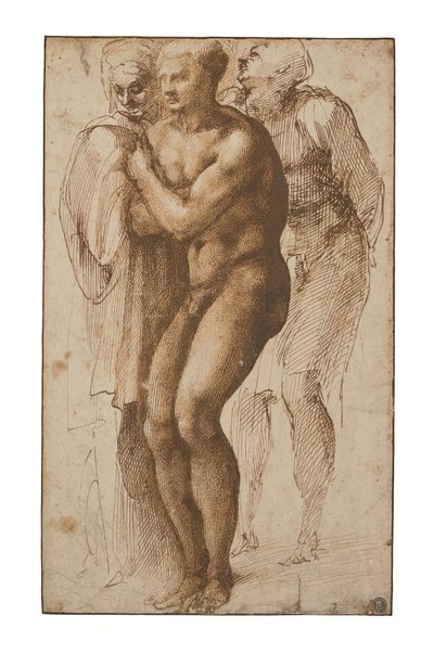 Een naakte man (naar Masaccio) en twee figuren achter hem (pen en twee tinten bruine inkt, bruin gewassen, watermerk) door Michelangelo Buonarroti