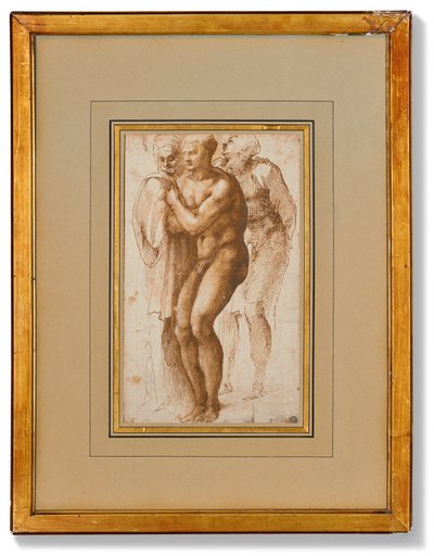 Een naakte man (naar Masaccio) en twee figuren achter hem (pen en twee tinten bruine inkt, bruin gewassen, watermerk) door Michelangelo Buonarroti