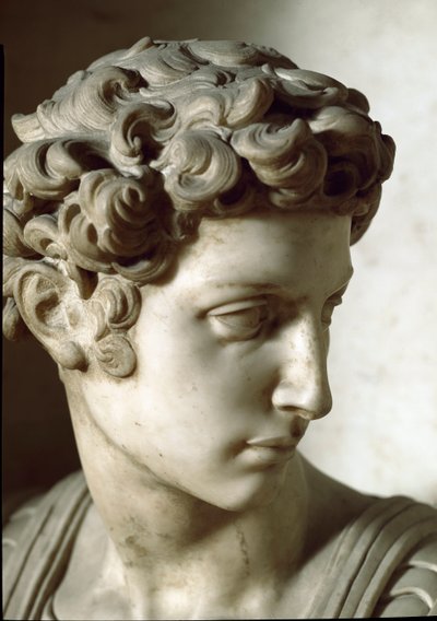 Allegorie van Dag en Nacht: detail van de overledene. Mausoleum van Giuliano de Medici. Marmeren sculptuur door Michelangelo Buonarroti