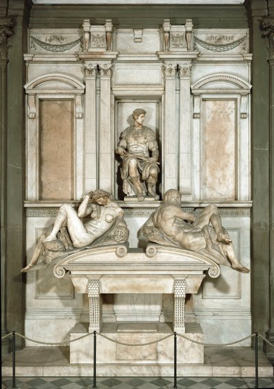 Allegorie van Dag en Nacht, mausoleum van Giuliano de Medici. Marmeren beeldhouwwerk door Michelangelo Buonarroti