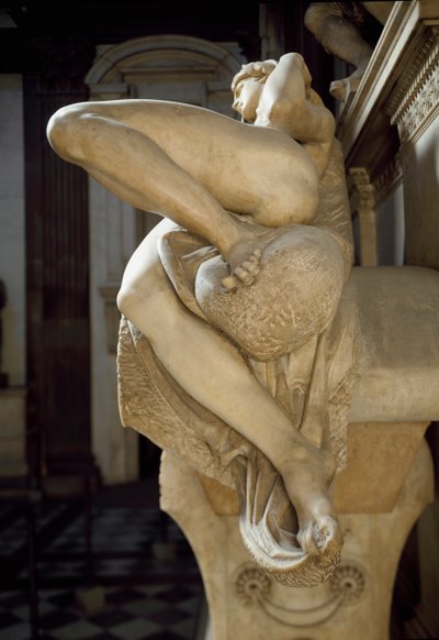 Allegorie van de Dageraad. Graf van Laurent II van Medicis. Marmeren sculptuur 1531 door Michelangelo Buonarroti