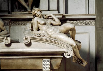 Allegorie van de Dageraad. Graf van Laurent II van Medicis. Marmeren sculptuur 1531 door Michelangelo Buonarroti