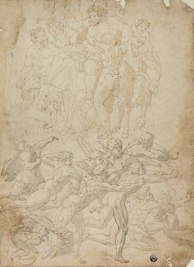 Boogschutters schieten op een Herm, Triomf van Bacchus en andere studies door Michelangelo Buonarroti