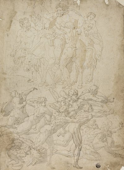 Boogschutters die schieten op een Herm, Triomf van Bacchus, en Andere Studies door Michelangelo Buonarroti