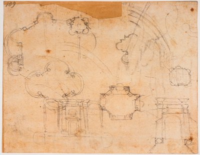Bouwplannen, gevels en koepelschetsen voor de Sforza-kapel door Michelangelo Buonarroti