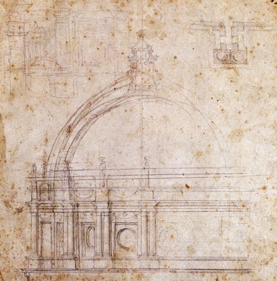 Ontwerptekeningen voor koepel van Sint-Pietersbasiliek in Vaticaan, ontwerp door Michelangelo, Italië door Michelangelo Buonarroti