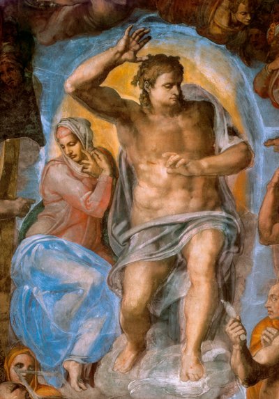 Detail van het Laatste Oordeel: Christus oordeelt. Fresco door Michelangelo Buonarroti, bekend als Michelangelo door Michelangelo Buonarroti