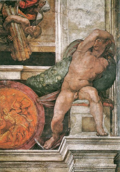 Detail van het plafond van de Sixtijnse Kapel in het Vaticaan, 1508-1512 door Michelangelo Buonarroti