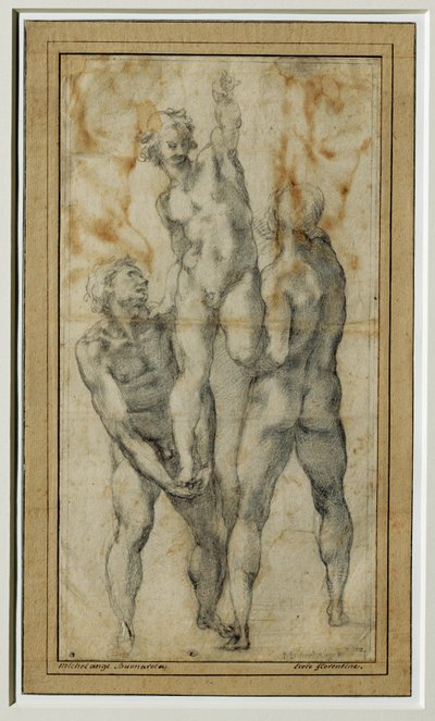 Twee naakte mannen tillen een derde op, ca. 1502-06 ... door Michelangelo Buonarroti