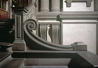Inkomhal, detail van de trap ontworpen door Michelangelo en voltooid door Bartolomeo Ammannati door Michelangelo Buonarroti