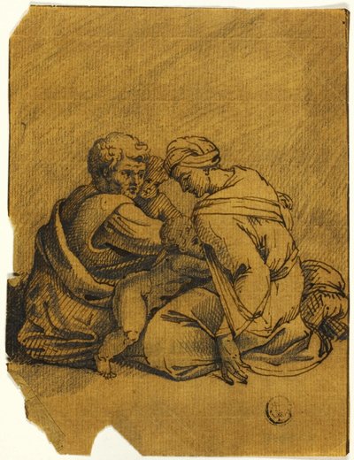 Familiegroep: Ozias, koning van Juda, verpleegd door zijn moeder door Michelangelo Buonarroti