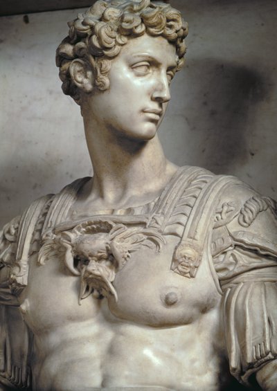 Giuliano de Medici, Hertog van Nemours, detail van figuur van zijn graf door Michelangelo Buonarroti (detail) door Michelangelo Buonarroti