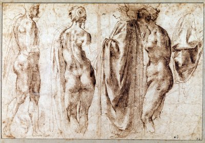 Groep van vier staande figuren en een draperie door Michelangelo Buonarroti