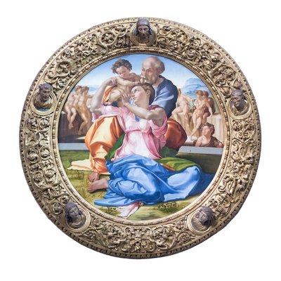 Heilige familie met de jonge Sint Johannes de Doper, bekend als "Doni tondo" door Michelangelo Buonarroti