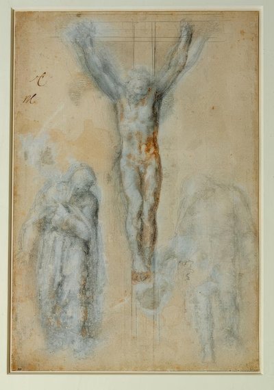 Christus aan het kruis tussen de Maagd en Sint Jan (?) door Michelangelo Buonarroti