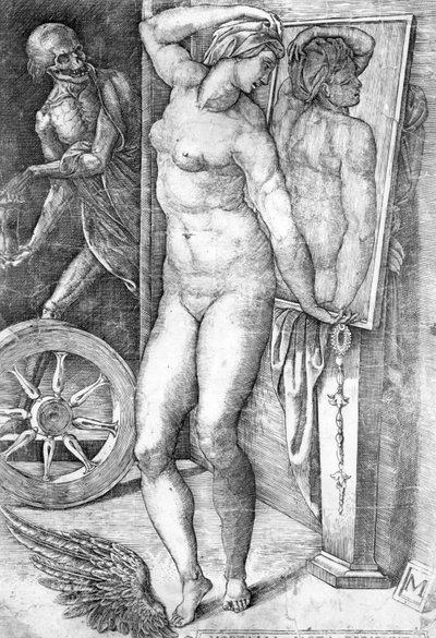 Naakt kijkt naar zichzelf in een spiegel door Michelangelo Buonarroti
