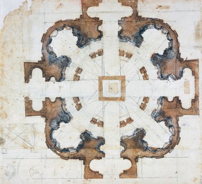 Plattegrond van de Basiliek van San Giovanni dei Fiorentini in Rome, circa 1559, tekening door Michelangelo Buonarroti, Italië door Michelangelo Buonarroti