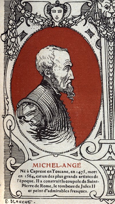 Portret van de Italiaanse renaissance schilder Michelangelo Buonarroti, ook bekend als Michelangelo door Michelangelo Buonarroti