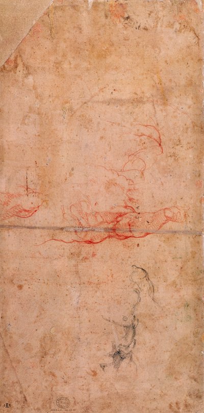 Voorbereidende Studie voor de Straf van Haman (rood krijt en houtskool op papier) (verso) door Michelangelo Buonarroti