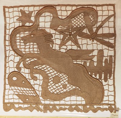 Monster van naaldkant en inzetstukken voor gordijnen, met patronen getekend door kunstenaar Giulio Rosso, Michelangelo Jesurum Manufacture door Michelangelo Buonarroti