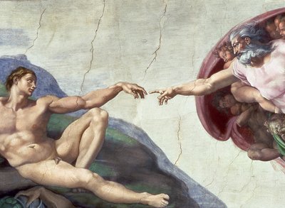 Sixtijnse Kapel Plafond: Schepping van Adam (detail, na restauratie) door Michelangelo Buonarroti