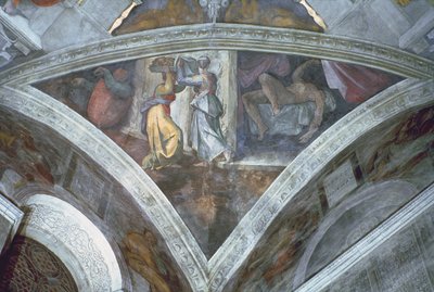 Sixtijnse Kapel Plafond: Judith draagt het hoofd van Holofernes (spandrel) (voor restauratie) door Michelangelo Buonarroti