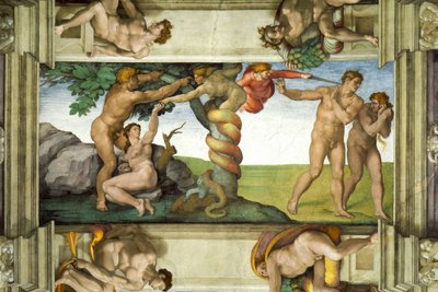 Sixtijnse Kapel Plafond: De Val van de Mens en de Verdrijving uit de Hof van Eden, met vier Ignudi door Michelangelo Buonarroti
