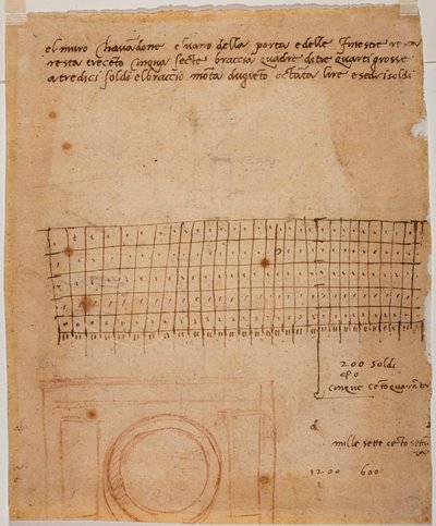 Schets voor een raam, handgeschreven aantekeningen en grafische berekening door Michelangelo Buonarroti