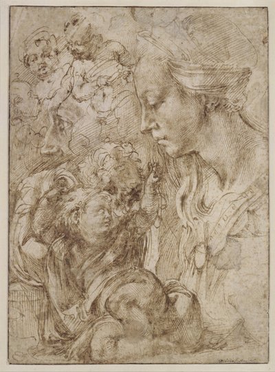 Studies voor een Heilige Familie met Johannes de Doper als kind door Michelangelo Buonarroti