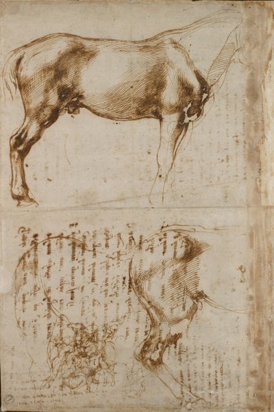Studies van een paard en een ruiter die voetsoldaten aanvalt, begin 16e eeuw door Michelangelo Buonarroti