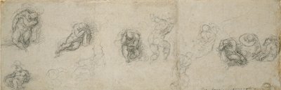 Studies van een slapende apostel en andere figuren door Michelangelo Buonarroti